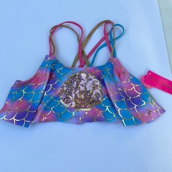 Betsey Johnson Gold Leme Mermaid Bikini Top Sequined Seashell GIRLS XL 14 NEW - Picture 2 of 10